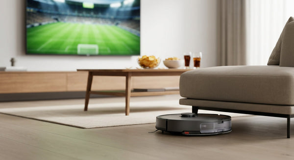 roborock robot süpürge futbol izleme alanında zemin temizliği yapıyor