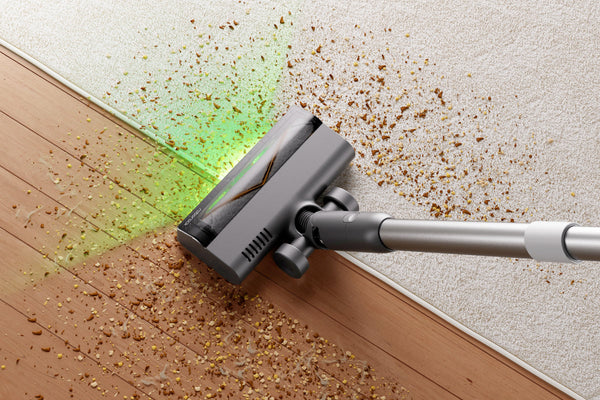oborock H60 Hub Ultra vacuum cleaning debris from carpet and hard floor using green LED light